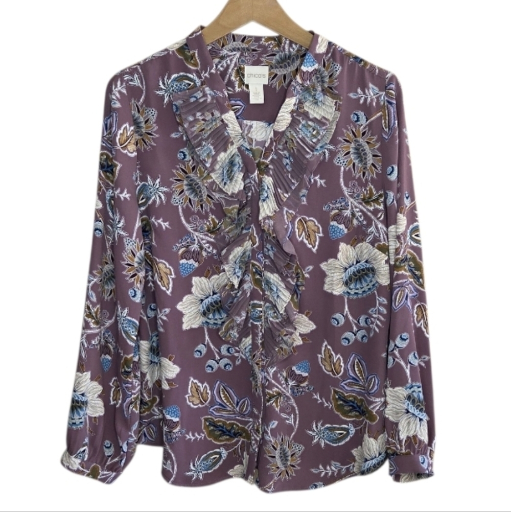 Chico's | Dusty Purple Floral Long Sleeve Pleated Ruffle Front Blouse